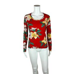 Vintage 70s Hawaiian Top Women's Extra Small Red Hibiscus Flower Print Bronson